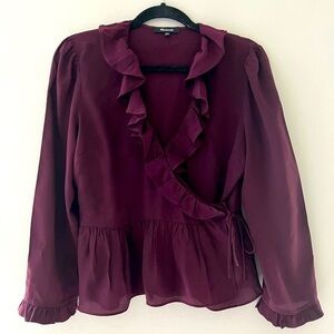 Madewell maroon long sleeve front tie long sleeve ruffled blouse